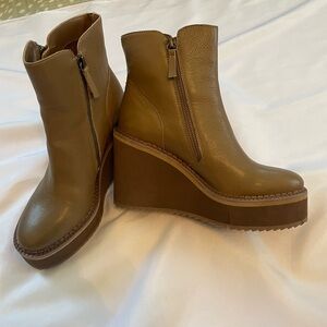 Naked Feet Women’s Avail Tan Wedge Ankle Boots, Side Zip, Leather Upper, Size 9M